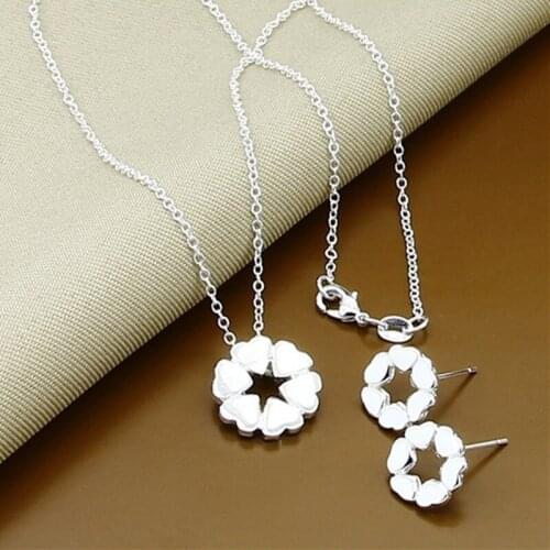 Wedding Jewelry Set 925 Silver Charm Heart Necklace Stud Earrings For Women Jewelry Set Gift