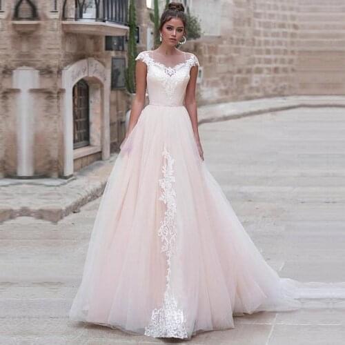 Light Pink Wedding Dresses Lace Bridal Gowns Cap Sleeve Vestido De Noiva Back Button Custom Made Free Shipping Wedding Dress