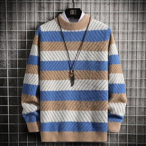 Twill Contrast Sweater Men O-neck Casual Knitted Mens Pullover Loose Outwear Ribbed Hem Splice Oversized Warm Coat Winter Jacket