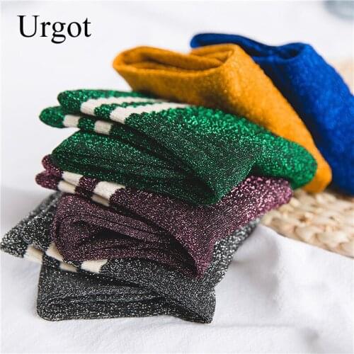 Urgot 1 Pair New Fashion Women Socks Cotton Striped Silver Wire Autumn Schoolgirl Casual Long Happy Casual Breathable Sock Women