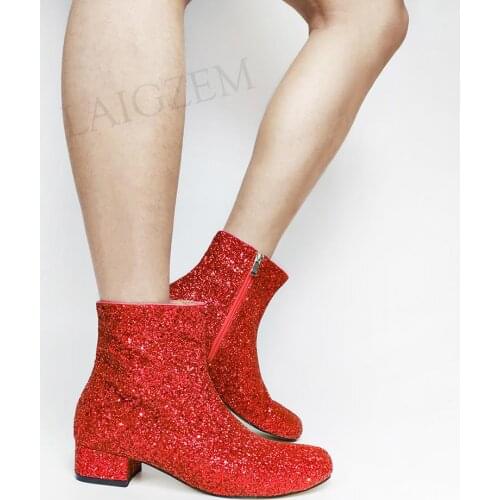 SEIIHEM Women Ankle Boots Round Toe Side Zip Chunky Boots Short Booties Sequined Shoes Woman Botas Mujer Large Size 43 44 47 52