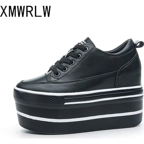XMWRLW Genuine Leather Platform Shoes For Women 2020 Spring Autumn High Heels Wedges Women Sneakers Black White Shoes Sneakers
