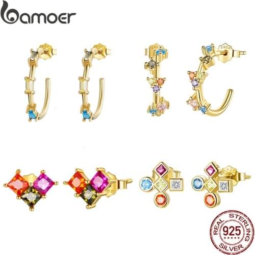 Bamoer Gold Colorful Square Crystal Hoop Earrings 925 Sterling Silver Stud Earrings for Women Wedding Jewelry Anniversary Gift