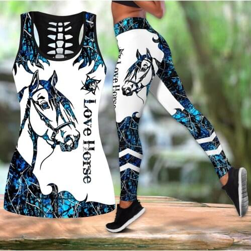 Love Horse Blue Tatoo 3D All Over Printed Hollow Tank Top & Leggings Set Fitness Female Full Length Leggings Running Pants DDK72