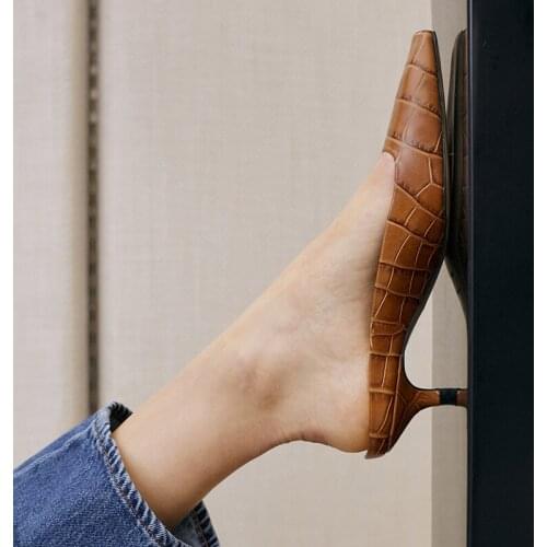 New Summer Square Toe Slippers Women Low Heels Crocodile Leather Mules Shoes Kitten Heel Sandals Women sandalias de las mujeres