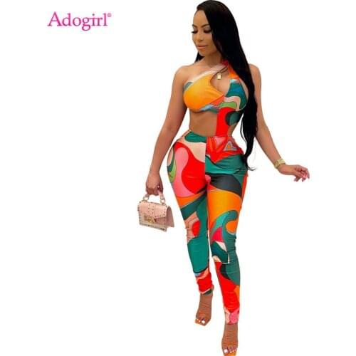Adogirl S-4XL Fashion Print Cutout One Shoulder Jumpsuit Women Sexy Backless Skinny Romper Pencil Pants Overalls Drop Shipping