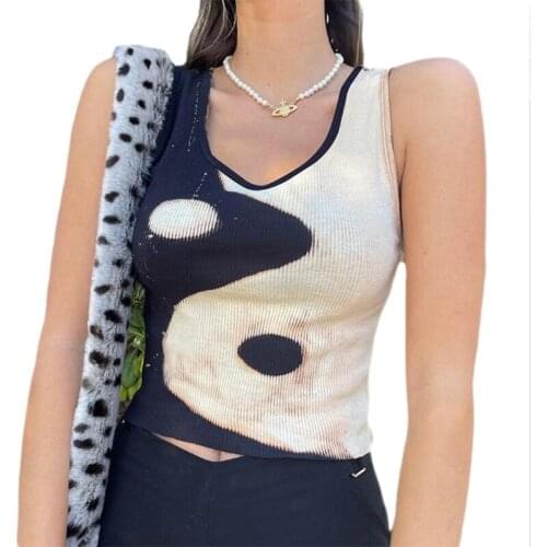 Y166 Women Summer Sleeveless Ribbed Crop Top Harajuku Contrast Color Eight-Diagram Printed Slim Vest Scoop Neck Casual Shirts