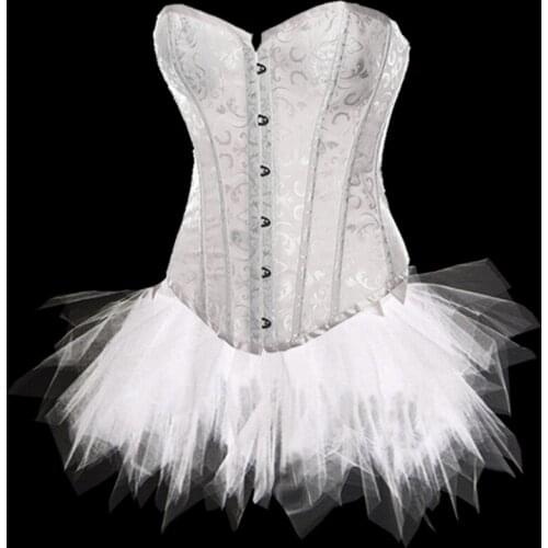 Women Sexy Corset Top Steampunk Gothic Corset Bustier Espartilho Waist Cincher Korsett Overbust Femme & skirt 2340 white XL-2XL