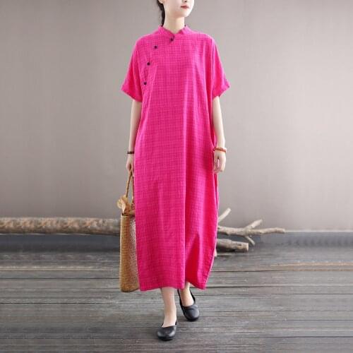 Women Summer Plaid Bamboo Cotton Stand Collar Dress Ladies Vintage Handmade Button Dresses Female 2021 Dress