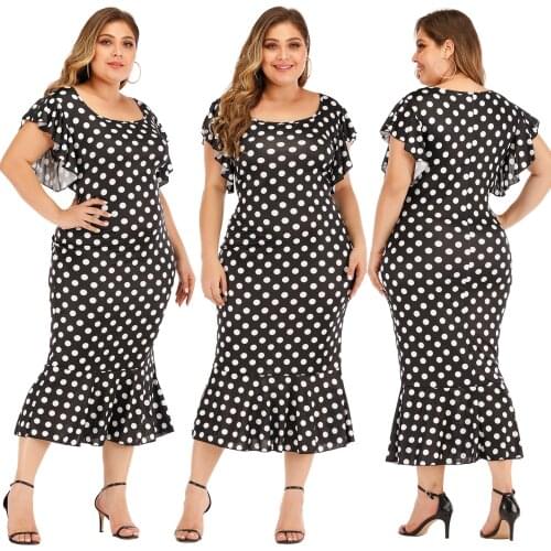 2020 Womens oversize womens wave point Ruffle crew neck slim wrap hip dress