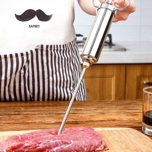 1PC Kitchen Tool Stainless Steel Seasoning Syringe Turkey Steak Barbecue Seasoning Red Wine Syringe Meat Injectors Tool 335gE