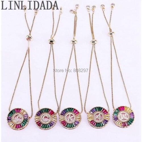 6Pcs 26 Letter Bracelet, Rainbow Crystal Zircon Micro Pave Gold Color Intitial Letter Women Jewelry Bracelets