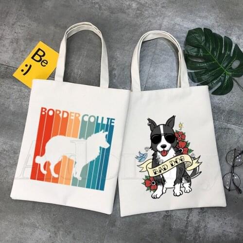 Border Collie Shopping Bag Shopper Eco Canvas Cotton Shopper Bolsas De Tela Bag Shoping Reusable Sacolas