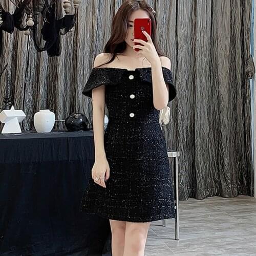 Black tweed dress One-necked strapless sexy Short-sleeve 2020 spring / autumn womens dress ladies slim Retro one-piece dress