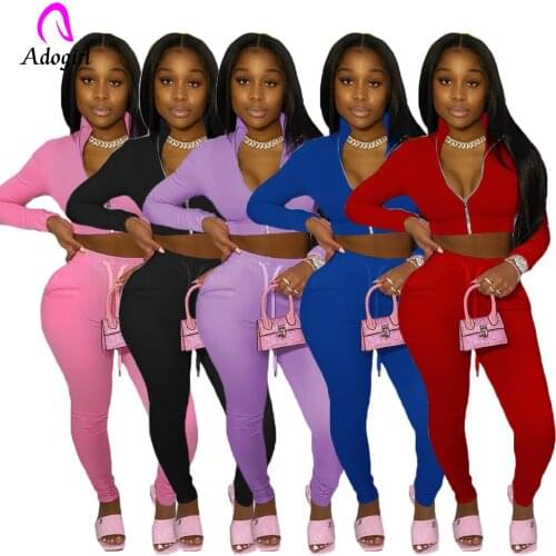 Fitness Women 2 Piece Set Zipper Up Crop Jacket Skinny Sweatpants Tracksuit Jogging Pants Matching Suit Set Solid Sporty Outfits