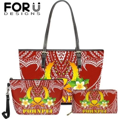 FORUDESIGNS Pohnpei and Samoa Tribe Printing 3Pcs Leather Handbags and Purse Womens Mini Makeup Bag Party Shoulder Sac a Main