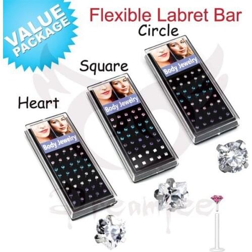 Wholesale 120pcs PTFE Inlay Zircon Stone Heart Square Circle Crystal Flexible Bar Lips Piercing Rings Labret Stud