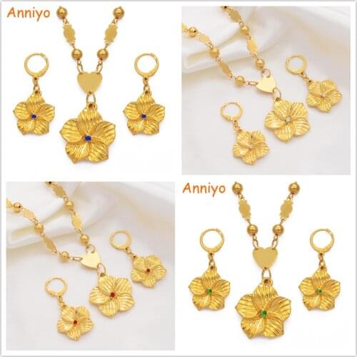 Anniyo Hawaiian Plumeria Pendant Necklaces Earrings Women Girl Gold Color Guam Micronesia Marshall Flower Jewelry Set #213806