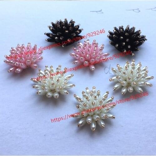 3cm round pearl flower trims for shoes and haridress ornaments pink black white beaded flower applique for garments DIY crafts
