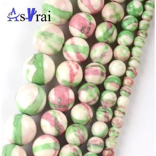 Natural Green Pink Strip Rain Stone Round Beads For Jewelry Making Spacer Loose Beads 4mm-12mm Diy Bracelets Jewellery Strand15"