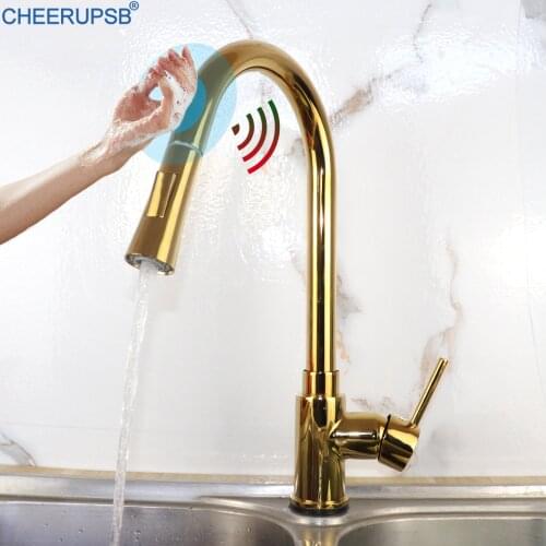 Gold Touch Faucet Kitchen Automatic Smart Sensor Tap Pull Out Golden Copper Grifo Hot Cold Mixer Auto Crane Luxury Taps Torneira