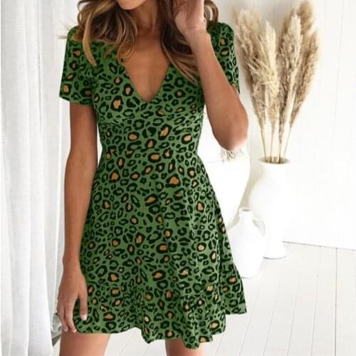 Summer Womens Dress Leopard Print Short Sleeved V-neck Sexy Dress