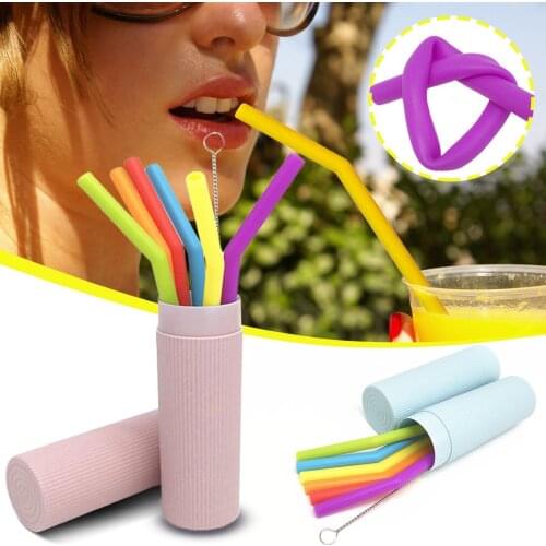 Bend Tube Straw Set Portable Collapsible Soft Silicone Recyclable Straw Silicone Flexible Bent Straight Drinking Straws Bar Tool