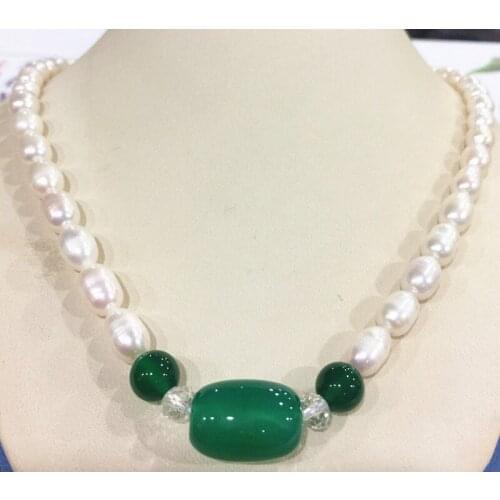 NEW 7-8mm freshwater Rice pearl Green stone necklace 20"AAA 925 sterling silver clasp