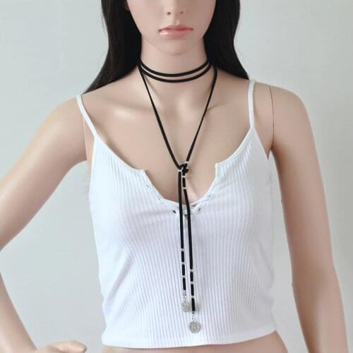 Vintage Metal Coins Leather Short Choker Necklace For Women Black Brown Velvet Collar Choker With Metal Part Christmas Gift