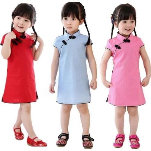 Hooyi Solid Baby Girls Dress Chinese New Year Traditional Qipao Children Chi-pao Kids Cheongsam Linen Girls Clothes Summer Tops