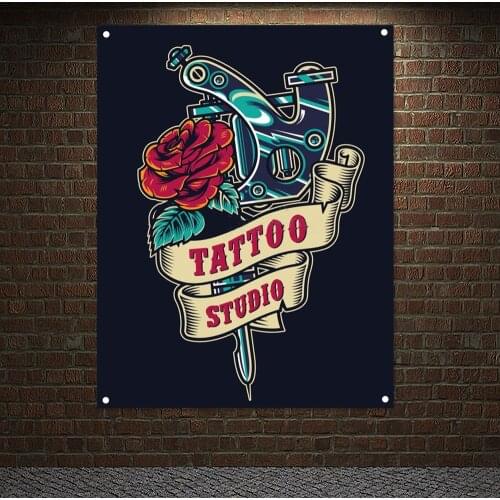 Tattoo Salon Vintage Colorful Badge Poster Wall Hanging Tattoo Machine Banners Flags Canvas Painting Tapestry Home Decoration