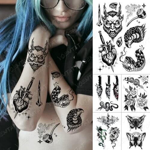 Waterproof Temporary Tattoo Sticker Child Old School Flash Tattoos Black Heart Snake Moth Body Art Arm Fake Tatoo Women Men