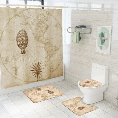 Retro European Nautical Map Pattern Bathroom Shower Curtain Sets Non Slip Pattern Waterproof Toilet Shower Curtain Cover Mat Set