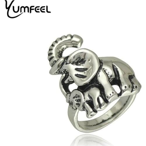 Yumfeel Animal Shaped Jewelry Vintage Boho Rings Elephant Rings Antique Tibetan Silver Plated Elephant Mum & Baby Rings