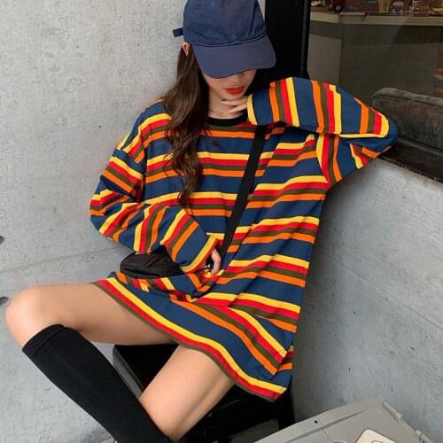 Autumn Ladies Korean Rainbow Striped T shirt Oversized Long-sleeved Aesthetic Gothic O neck Stranger Things Tee