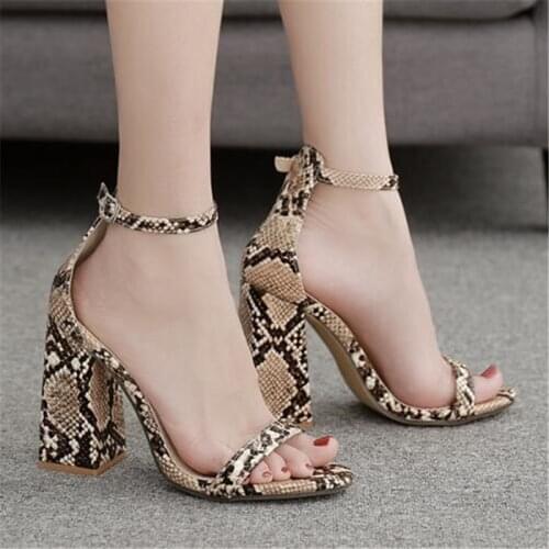 Sexy Hot Sales 2020 Summer Style Sexy Women Sandals Round Toe PU 11.5CM Thick High heels Buckle Strap Serpentine women shoes