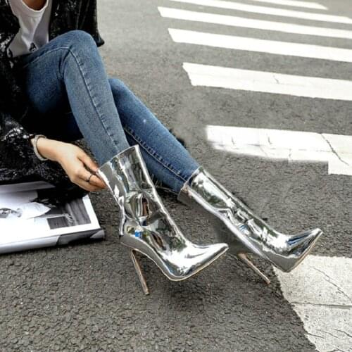 Patent PU leather gold sliver lady stilettos booties point toe thin high heels luxury brand women winter mid-calf boots size 48