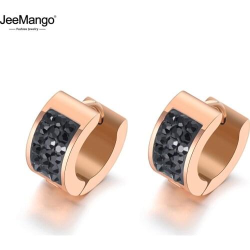JeeMango Trendy Mosaic Rhinestone Titanium Stainless Steel Hoop Earrings Rose Gold Crystal Ears Jewelry For Women Girls JE19148
