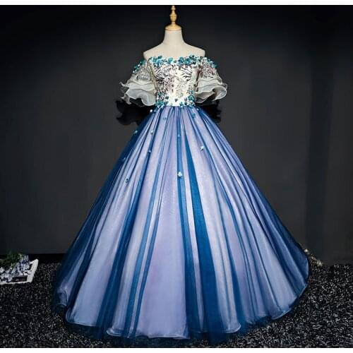 2020 new evening dress one shoulder puff sleeve stage solo costume Singer blue stage show dresses
