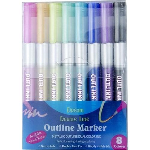8/12 Double Line Outline Metallic Markers Magic Shimmer Paint Pens Set for Kids Adults DRAWING Art Signature Coloring Journal