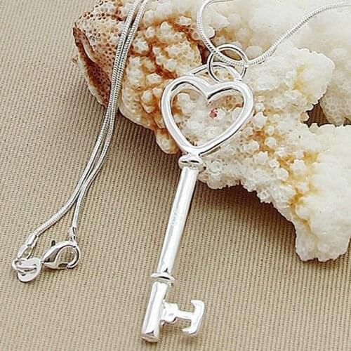 BABYLLNT New Trendy 925 Silver Necklace Heart Key Pendant Necklace for Women Men Jewelry Accessories Gift