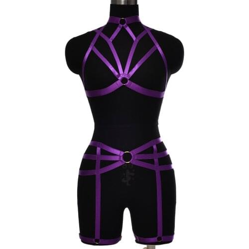 Body Harness Bra Set Dark Purple Lingerie Belts Hollow Out Triangle Frame Bondage Top Plus Size Goth Dance Rave Bustier Garter