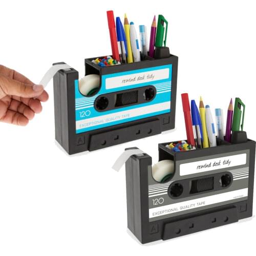 Cassette Tape Dispenser Pen Holder Desk Tidy Container With Adhesive Tape Office Home Pencil Pot Stationery Storage Container