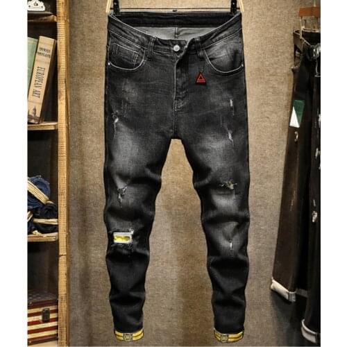 Spring Autumn Mens New Broken Stretch Jeans Korean Version Casual Fashion Slim Body Tight Small Foot Straight Leg Jeans Pants