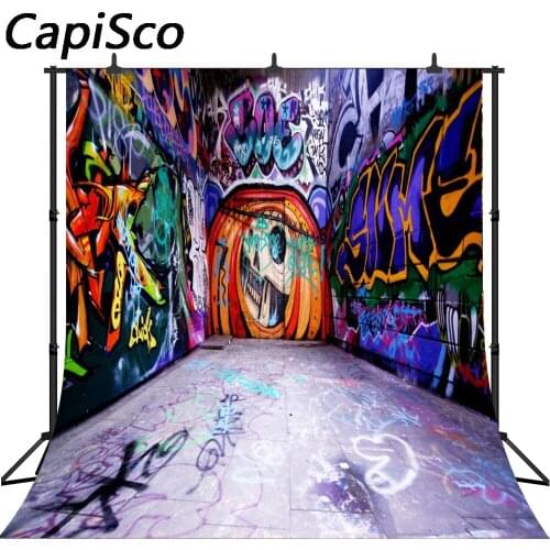 Capisco Graffiti Brick Wall Dark Flooring Baby Child Photography Backgrounds Customized Photographic Backdrops For Photo Studio