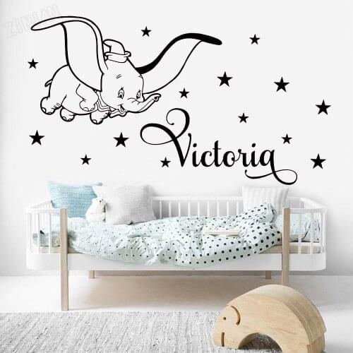 Name Personalised Wall Decals Fly Elephant Stars Baby Bedroom Wall Stickers Vinyl Home Interior Wall Murals Kids Room Decor Y268