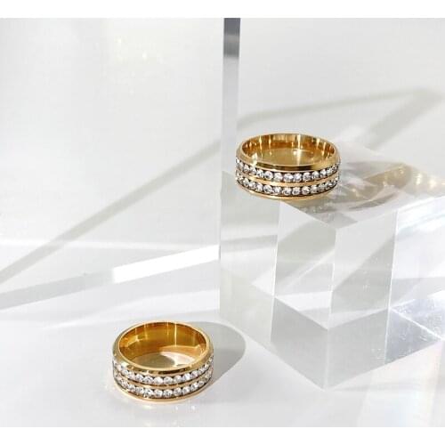Minar Delicate Sparkly Pave Rhinestone Double Row Rings for Women Gold Chunky Titanium Steel Jewelry Wedding Engagement Ring