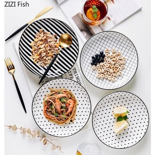 Geometric Lines Ceramic Dinner Plate Household Round Steak Dish Tableware Breakfast Platter Restaurant Hotel Dessert Dishes Tray