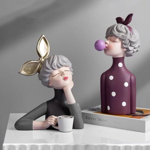 Cute Resin Modern Girl Statue Home Furnishing Crafts Decoration Cafe Room Table Figurines Storage Plate Accessories Wedding Gift
