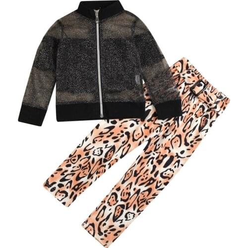 2021 2-7Y Kids Baby Girl Clothes Set Fashion New Mesh Turtleneck Jacket+Pleated Off Shoulder Blouse+Belt Leopard Pants Fall 3pcs